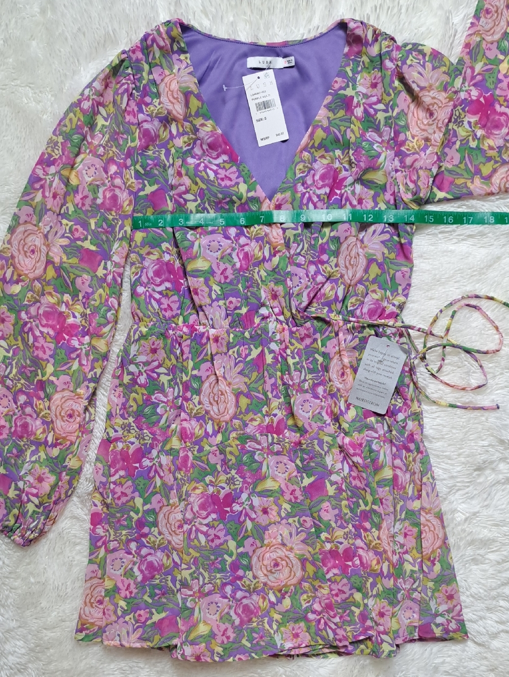 Lush Floral Faux Wrap Long Sleeve Mini Dress Purple Pink NWT Small - Picture 14 of 16